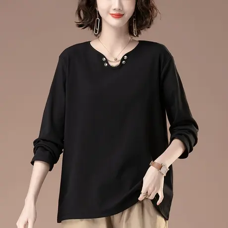 长袖t恤女春秋新款加肥加大码宽松中年妈妈休闲遮肚子显瘦打底衫商品大图