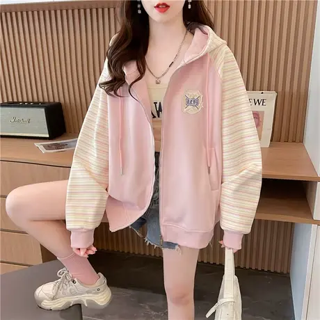 连帽卫衣女2023新款冬季韩版宽松加绒加厚条纹拼接小个子开衫外套商品大图