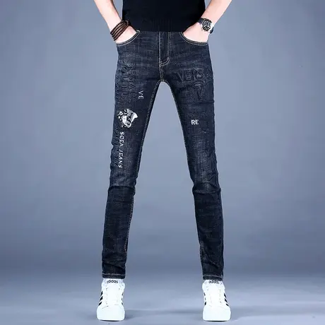 男士刺绣牛仔裤男款潮牌2023新款修身小脚秋冬紧身弹力休闲裤子男商品大图