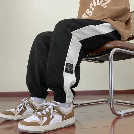 秋季新款潮牌卫裤男条纹休闲裤加绒灯芯绒裤子宽松束脚高街运动裤商品大图