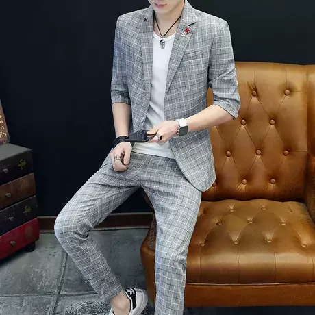 夏季新款中袖西服套装男修身格子百搭薄款小西装潮流帅气夏天套装商品大图