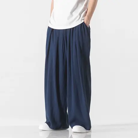 中国风男休闲裤棉麻亚麻长裤哈伦裤宽松加肥加大码直筒阔腿裤子胖图片