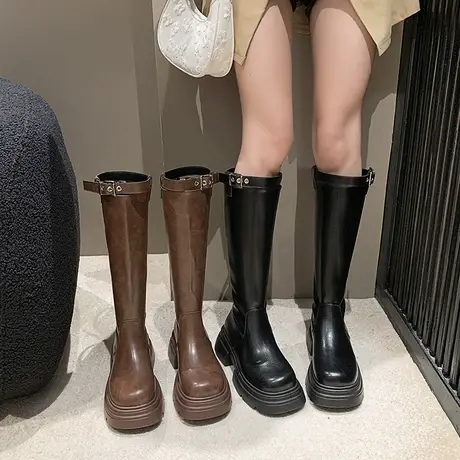 复古长筒靴女2023春秋季新款法式时尚英伦风骑士靴粗跟厚底瘦瘦靴商品大图