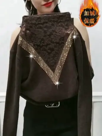蕾丝拼接双面绒半高领打底衫女洋气烫钻加绒加厚内搭上衣长袖T恤商品大图