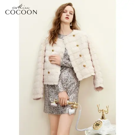 missCOCOON老钱风宽松外套2023冬季新女复古双排金属扣肌理皮草图片