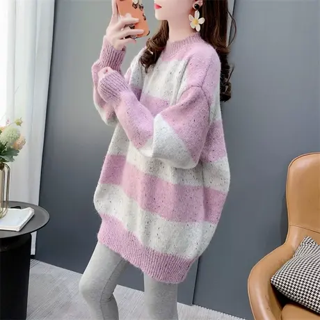 设计感点点条纹圆领毛衣女中长款2023新款秋冬宽松显瘦软糯针织衫商品大图