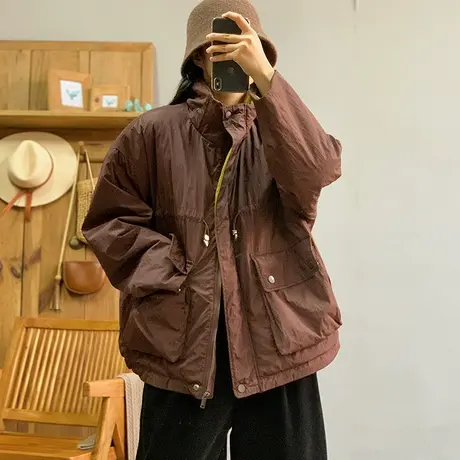 dza 复古中长款纯色防风棉衣外套女冬宽松大口袋棉服休闲棉袄上衣商品大图