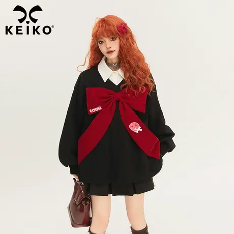 KEIKO 甜酷风丝绒蝴蝶结饰黑色卫衣女2024早春学院风V领减龄上衣图片