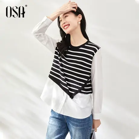 OSA欧莎设计感小众条纹假两件衬衫女春装2023年新款独特别致衬衣商品大图