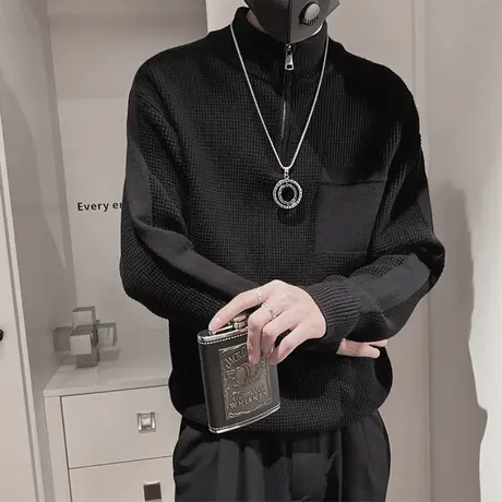 设计感立领半拉链毛衣男冬季2023新款纯色宽松重磅加厚针织衫线衣图片