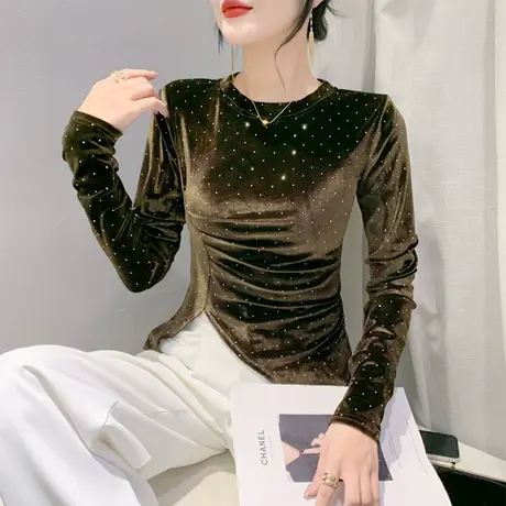 不规则开叉春装T恤时尚烫钻金丝绒洋气收腰褶皱上衣女长袖打底衫图片