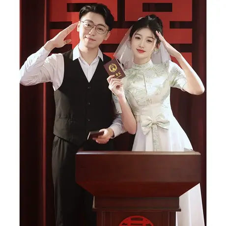 登记领证小晚礼服女夏季高级感高端轻奢小众订婚连衣裙绿色中长款商品大图