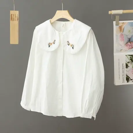 大翻领刺绣白色衬衫女纯棉长袖宽松春秋季上衣学生百搭打底衫衬衣商品大图