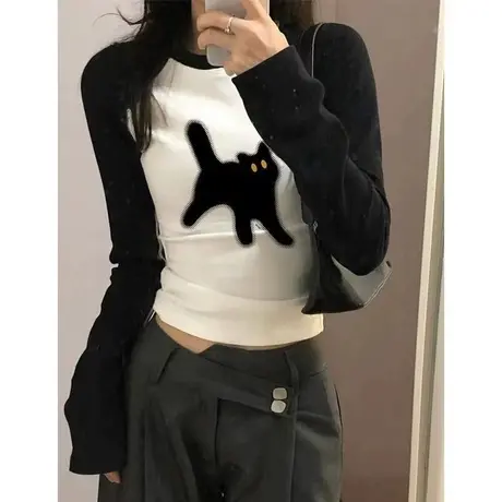 拼色插肩袖打底衫女春季修身显瘦长袖T恤辣妹短款小个子紧身上衣商品大图