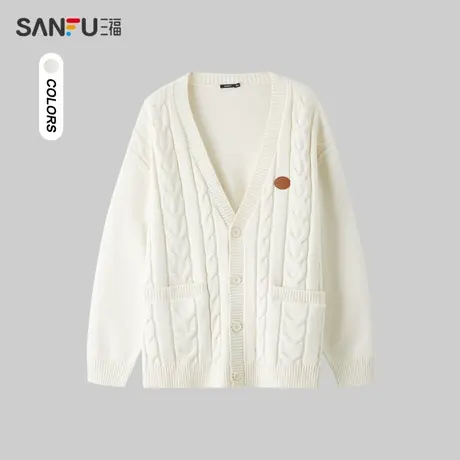 三福2024春季男士日系休闲开衫毛衣 时尚宽松净色外套男482457商品大图