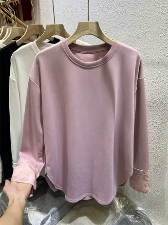 圆领绸缎拼接长袖T恤宽松轻国风印花打底衫女24春季新款百搭上衣商品大图