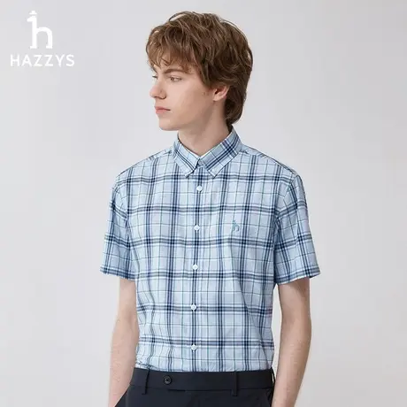 Hazzys哈吉斯2024春夏新款条纹衬衫男撞色休闲衬衣短袖打底上衣潮图片