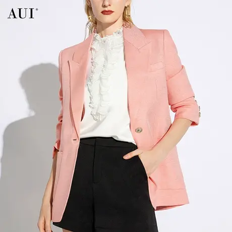 AUI粉色名媛气质减龄西装外套女2024春新款职业廓形宽松垫肩西服图片