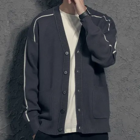 奕飏简约纯色开衫男针织衫 男士外穿春秋款外套潮流2021秋装毛衣图片