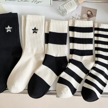 2023春秋款中筒袜子女刺绣黑白条纹棉袜男女潮流ins风堆堆袜商品大图