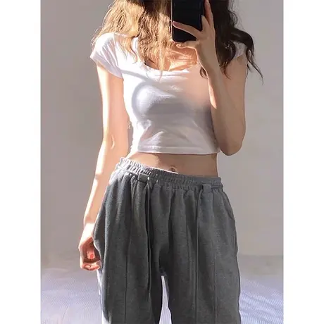 大领口U领短袖T恤女夏装小个子短款打底衫辣妹修身洋气上衣半袖潮商品大图