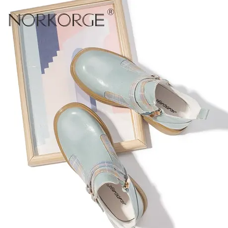 原创小众设计高级复古灰蓝色短靴女靴真皮拉链平底鞋增高马丁靴女商品大图