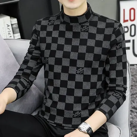 半高领长袖t恤男秋冬季双面磨毛德绒格子内搭加厚保暖中领打底衫商品大图