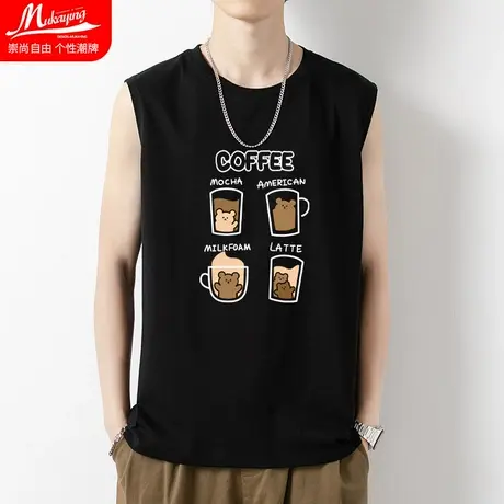 港风背心男夏季卡通2023款运动坎肩潮牌外穿无袖t恤大码纯棉上衣商品大图