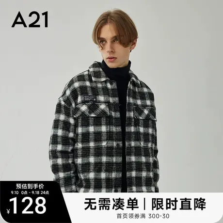 A21秋秋冬新款男装毛呢外套宽松翻领潮牌格子棉服男生棉衣潮图片