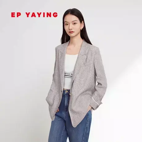 EP YAYING雅莹女装  一粒扣格纹亚麻西装外套 2023秋季新款1171A商品大图
