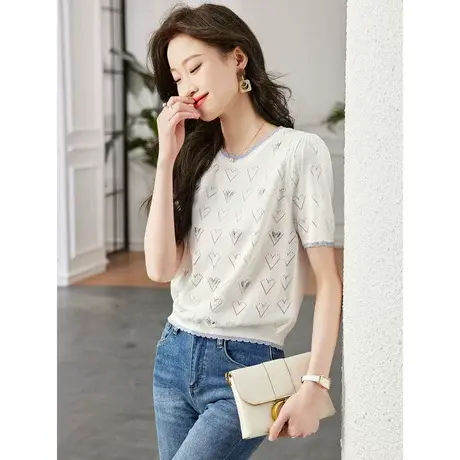 时尚气质淑女针织T恤2023年夏季新款温柔圆领宽松显瘦打底短袖商品大图