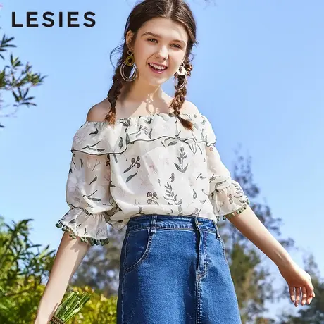 蓝色倾情春夏季女装上衣夏荷叶边圆领露肩流苏印花上衣图片