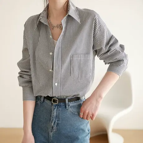 嘉茱莉2023年秋季新款条纹衬衫女职业上衣长袖衬衣显瘦内搭高级感商品大图