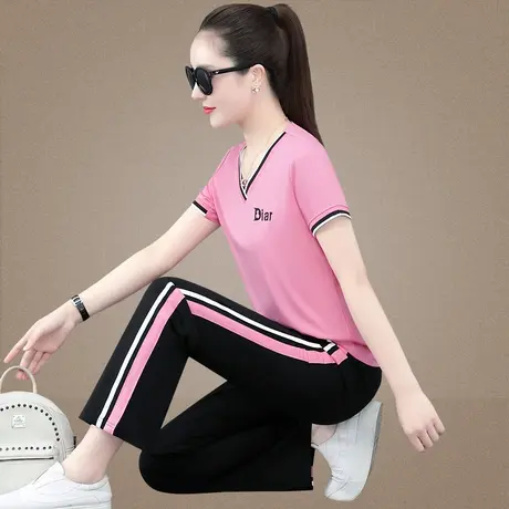 阔腿裤运动套装女2023春夏季新款时尚V领短袖薄款长裤休闲两件套商品大图
