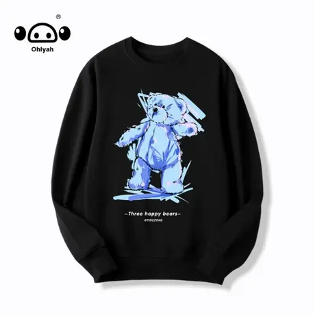 秋季简约小熊英文印花圆领卫衣男女潮牌街头宽松情侣休闲百搭上衣商品大图