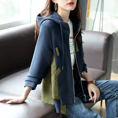 宝诗黎连帽拼接卫衣外套女装秋季2023新款设计感拉链开衫宽松上衣商品大图