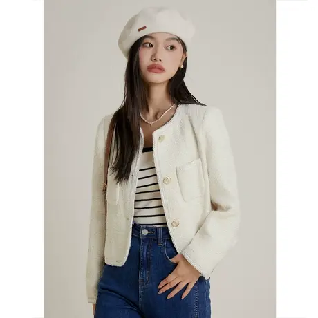 弥古白色小香风针织开衫外套女高级感2023新款春秋气质粗花呢上衣商品大图