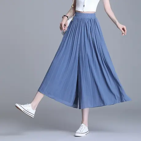 百褶九分裤裙女夏季垂坠感飘逸雪纺阔腿裤2023新款薄款大脚裤裙裤商品大图