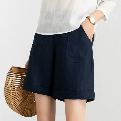 藏青色亚麻短裤女夏2023新款棉麻五分裤夏季薄款卷边a字阔腿5分裤图片