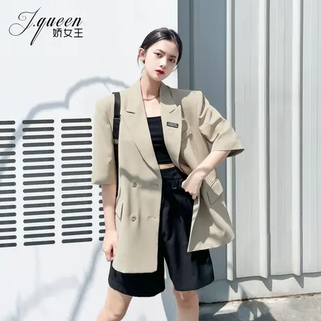 短袖西装外套女夏季薄款港味复古时尚宽松休闲贴标宽肩炸街小西服图片