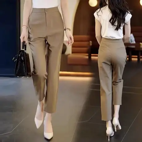 高腰烟管裤女小个子2023春季新款显瘦直筒裤职业西装九分哈伦裤子图片