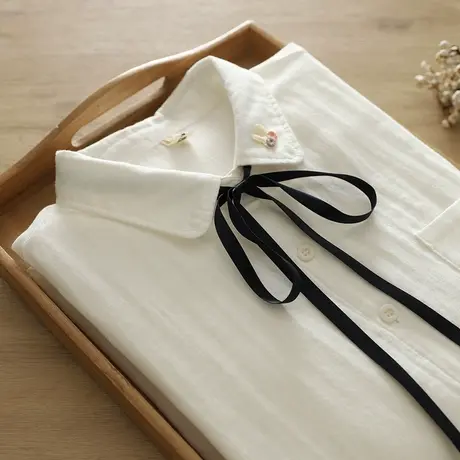 春秋新款日系系带打底文艺白色衬衫女士长袖宽松双层棉纱纯棉上衣图片