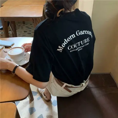 黑色T恤女2023年夏季新款韩版宽松显瘦字母印花百搭短袖上衣ins潮商品大图