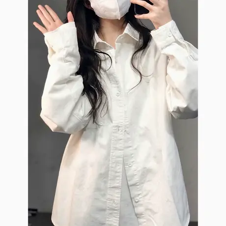 白色纯棉衬衫女春秋上衣港味复古设计感小众法式别致长袖衬衣外套图片