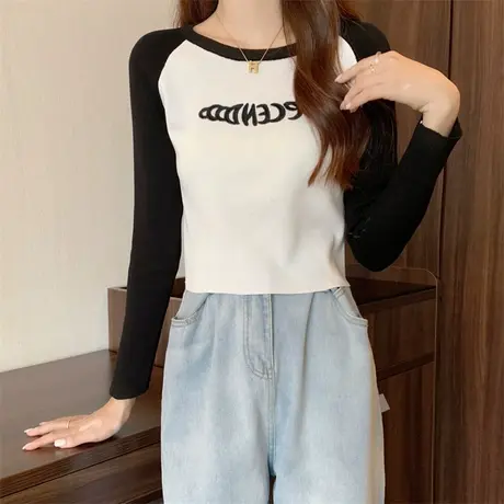 春秋季美式复古撞色长袖t恤女字母刺绣设计感小众短款欧货上衣潮商品大图