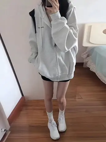 美式复古hiphop潮牌卫衣女春秋宽松慵懒风连帽小个子薄款开衫外套图片