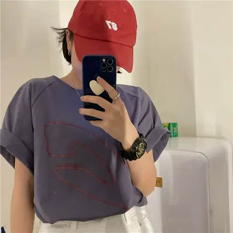 红续韩版中性字母宽松慵懒风盐系纯棉短袖T恤女上衣2023新款夏装商品大图