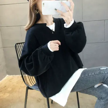 卫衣女秋冬季韩版宽松bf慵懒风加绒加厚假两件ins纯色上衣外套潮图片