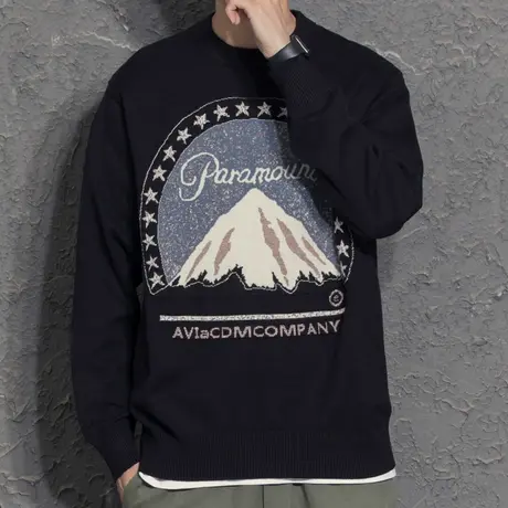 奕飏美式慵懒毛衣男ins潮流雪山情侣装线衣冬复古高街针织衫打底商品大图