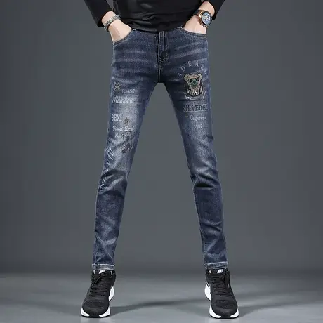 秋冬季牛仔裤男2022年新款蓝色潮流修身小脚潮牌刺绣印花男士裤子商品大图